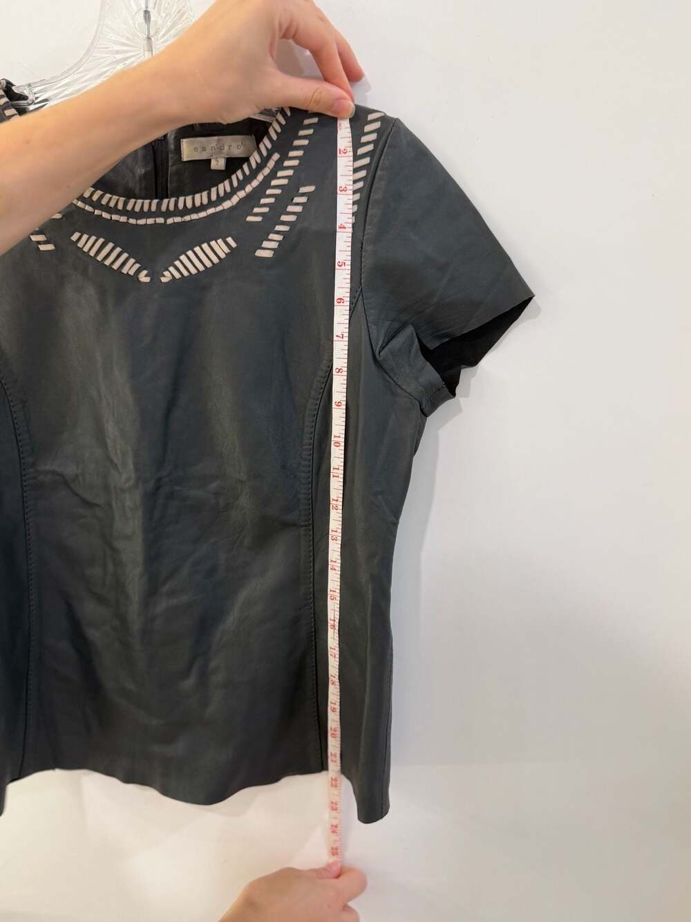 Sandro Paris Black Sheep Leather Cap Sleeve Top with Whipstitch Detail - Picture 7 of 7